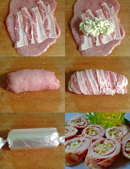 Baconös karajszeletek zöld fűszeres mackósajttal tö